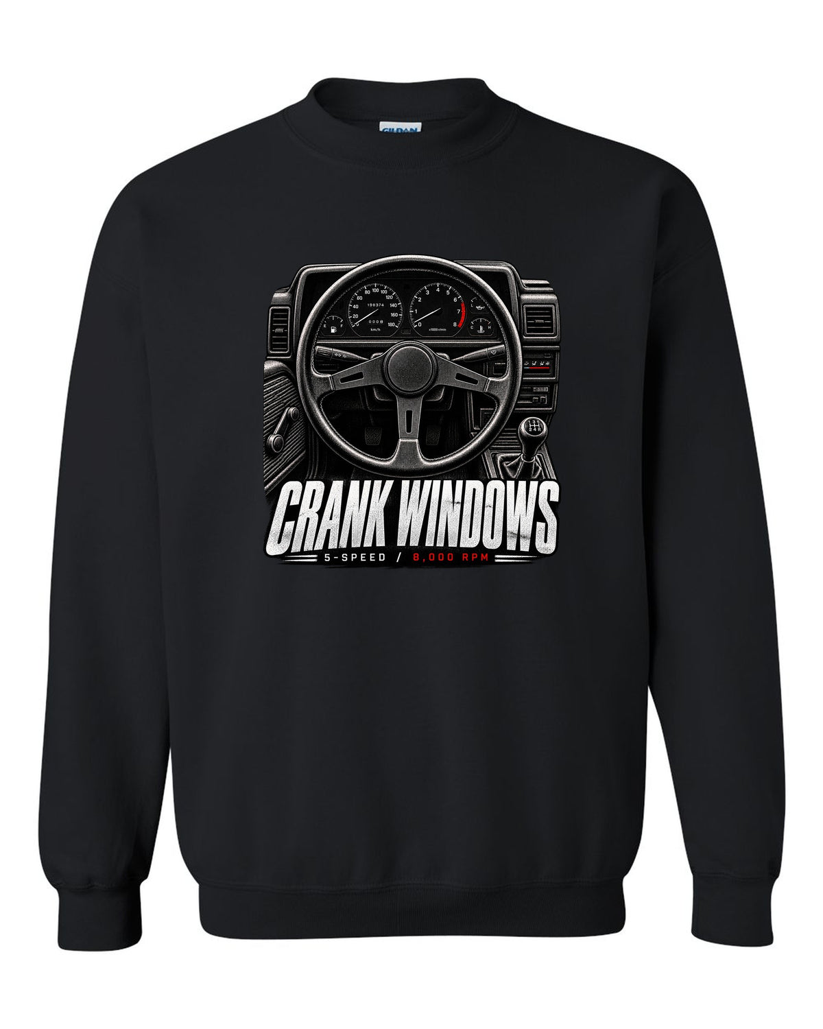 print of a Toyota AE86 interior cockpit with gauges and crank window lettering black crewneck front view with the design