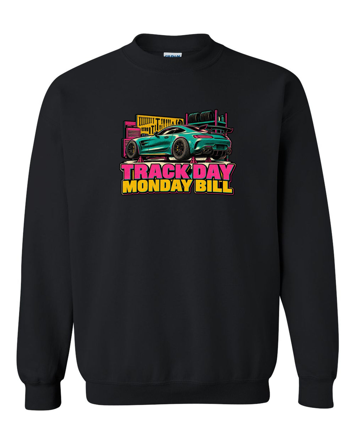 Stencil spray street art of a Mercedes AMG GT R C190 burnout with tyre smoke and Wing Is Not Decorative text black crewneck front view with the design