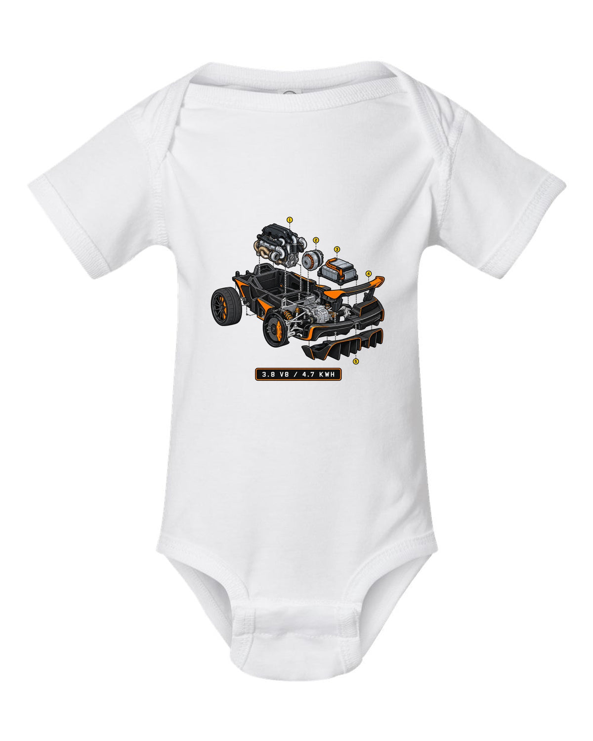 Exploded isometric cutaway print of the McLaren P1 with 3.8 V8 and 4.7 kWh lettering white baby onesie front view with the design