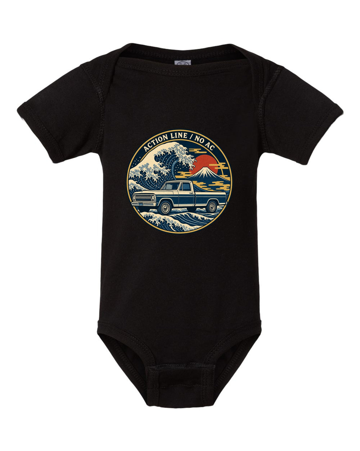Ukiyo-e woodblock wave print of a 1967-72 Chevrolet C10 Action Line Fleetside with Action Line no AC lettering black baby onesie front view with the design