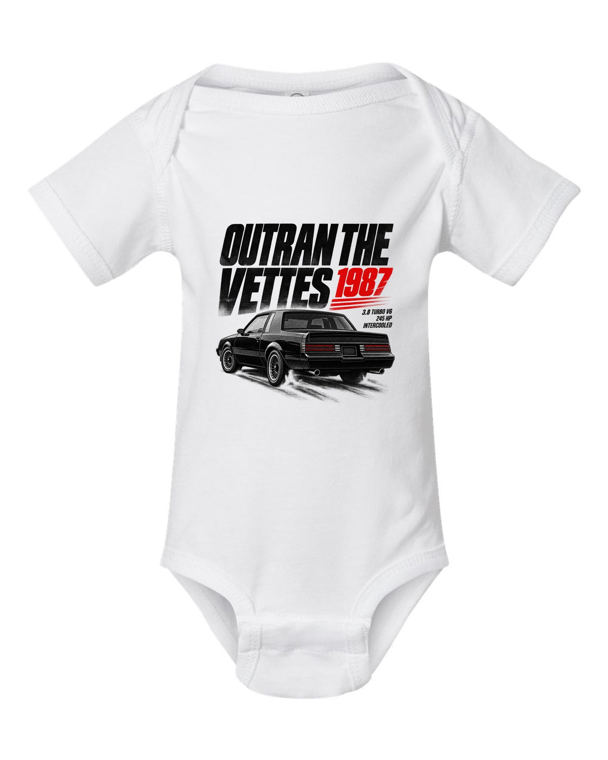 print halftone of a 1987 Buick Regal GN with outran the Vettes lettering white baby onesie front view with the design