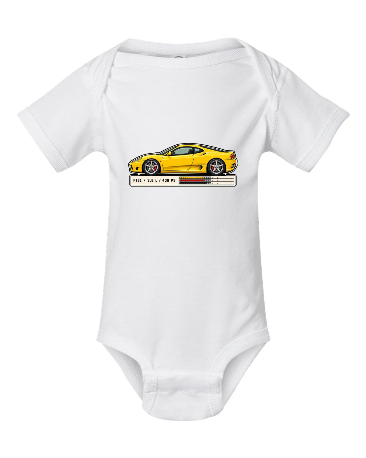 Spec sheet data plate print for the Ferrari 360 Modena listing F131, 3.6 L and 400 PS white baby onesie front view with the design
