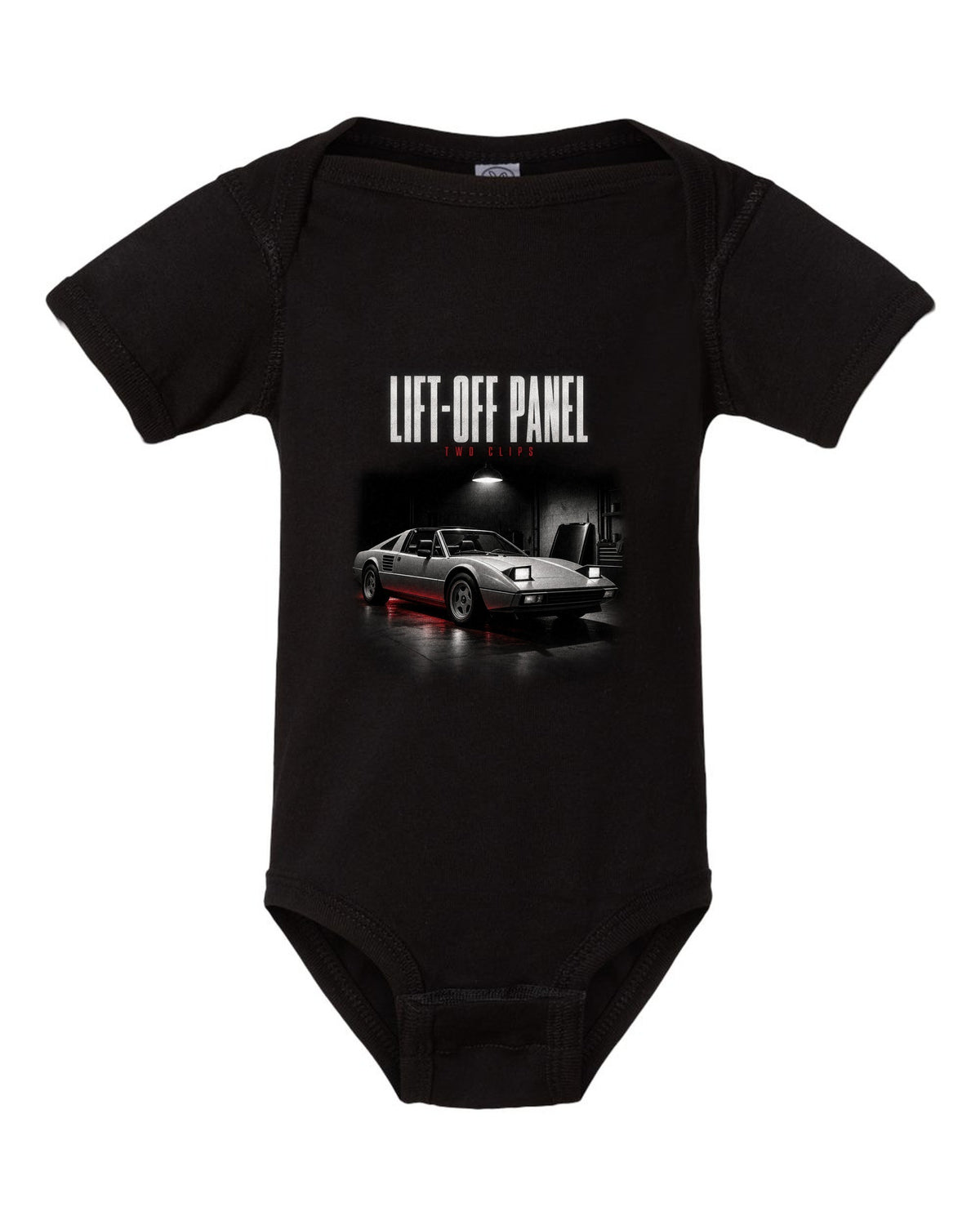 Ferrari 308 GTS 1977 targa garage night print, lift-off panel, two clips black baby onesie front view with the design