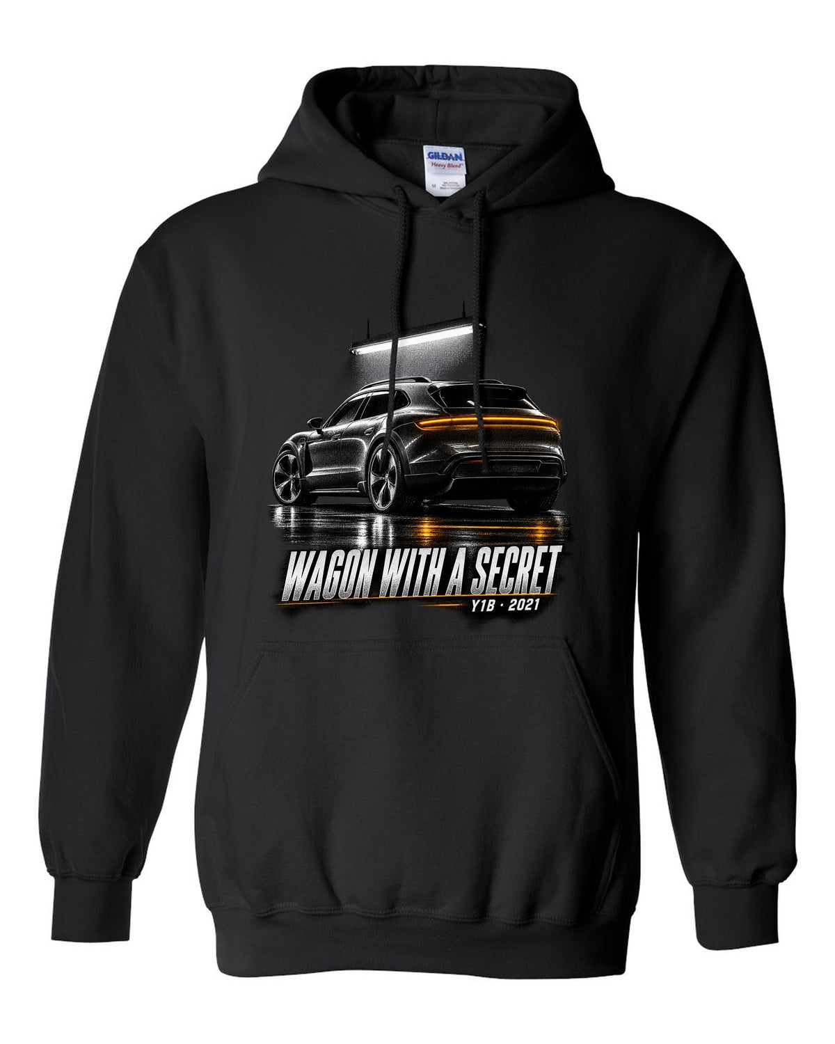 Porsche Taycan Cross Turismo Y1B in a dark garage, print design black pull over hoodie front view with the design