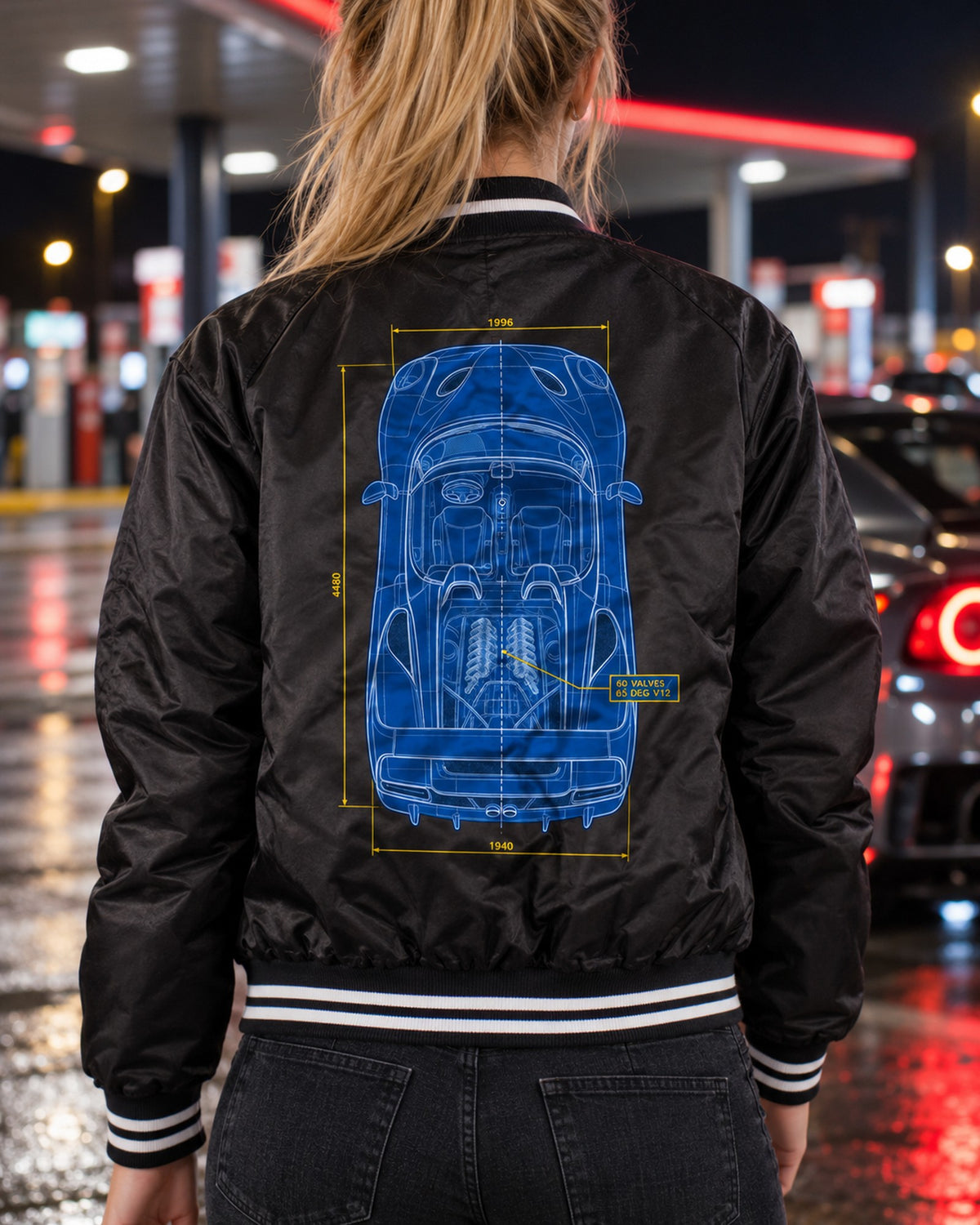 Ferrari F50 Top-Down Plan Blueprint Tee, 60 Valve V12 Bomber Jacket Black worn hero