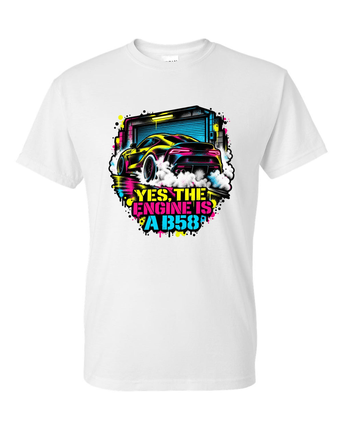 Stencil spray street art of a Toyota GR Supra A90 burnout on a garage door white t-shirt front view with the design