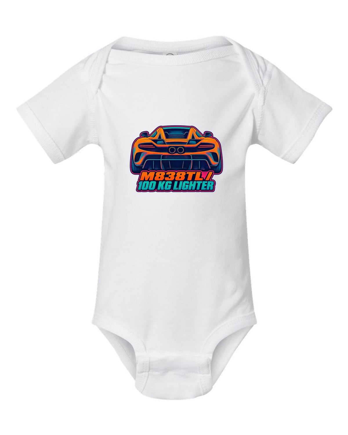Risograph spot colour print of the McLaren 675LT flying buttress with M838TL and 100 kg Lighter lettering white baby onesie front view with the design