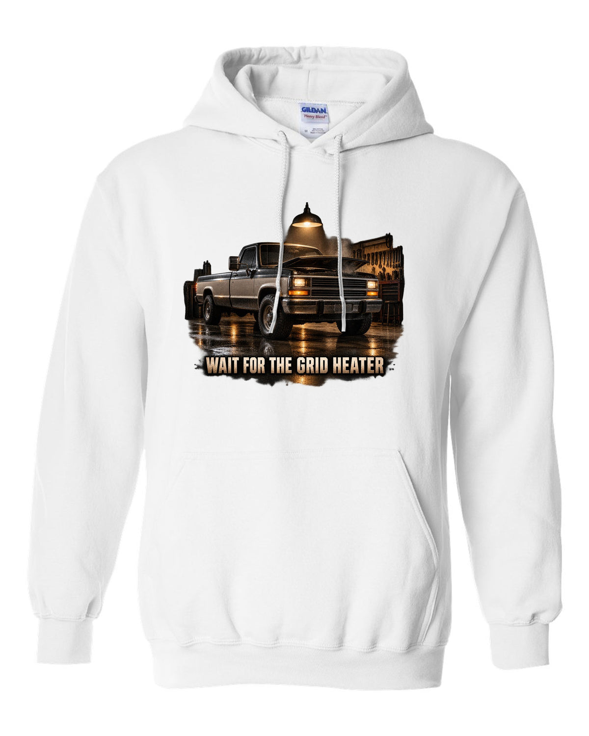 Dodge D250 first generation in a night garage with the text Wait For The Grid Heater white pull over hoodie front view with the design