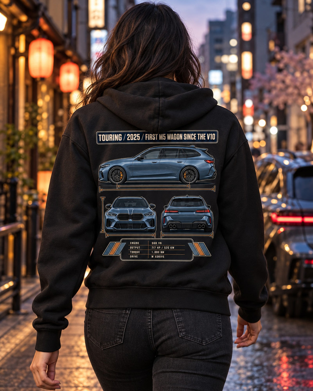 BMW M5 G90 Touring Three-View Tee, First M5 Wagon Since V10 Zip Hoodie Black worn hero