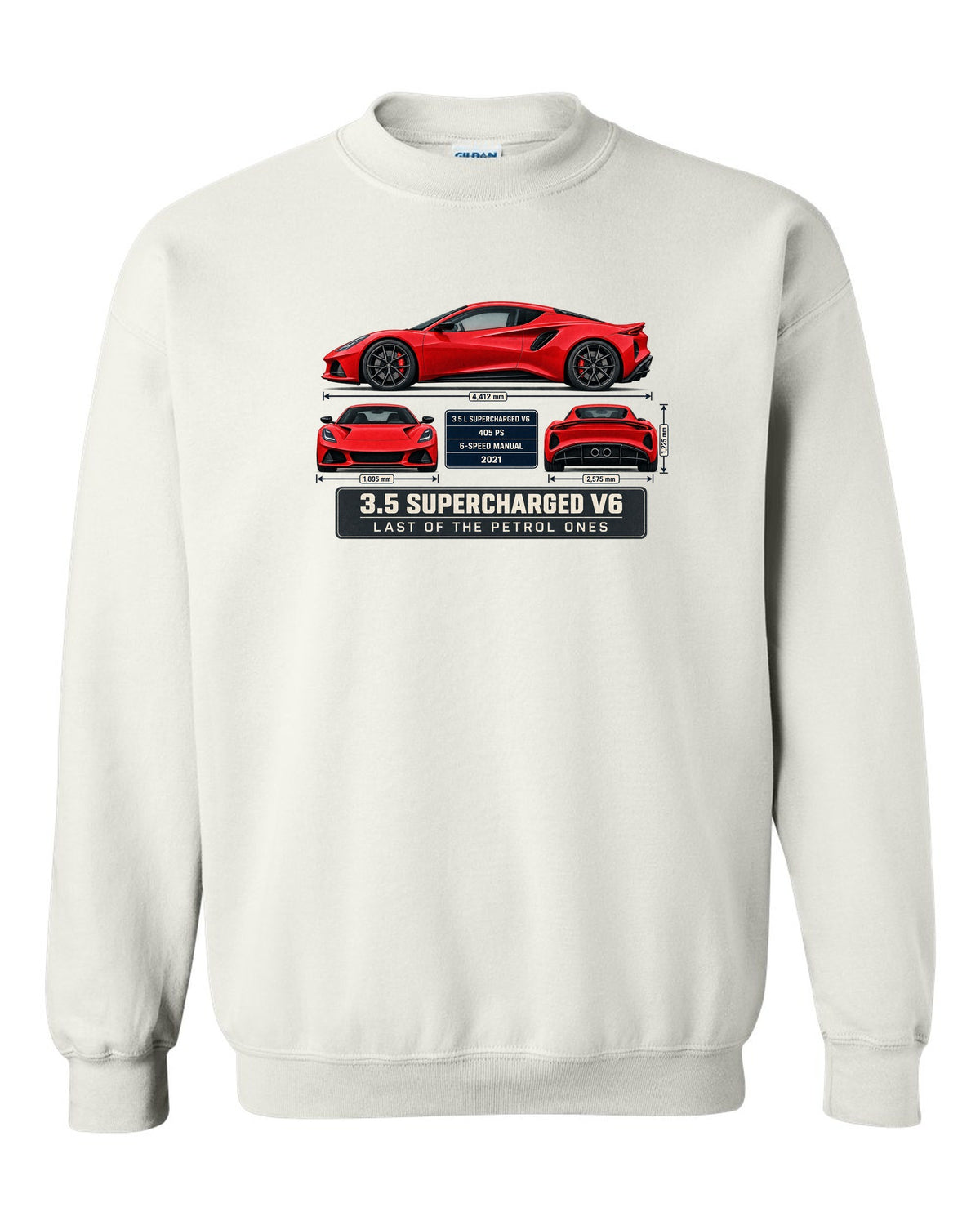 Lotus Emira V6 First Edition Spec Poster Tee, 3.5 Supercharg white crewneck front view with the design
