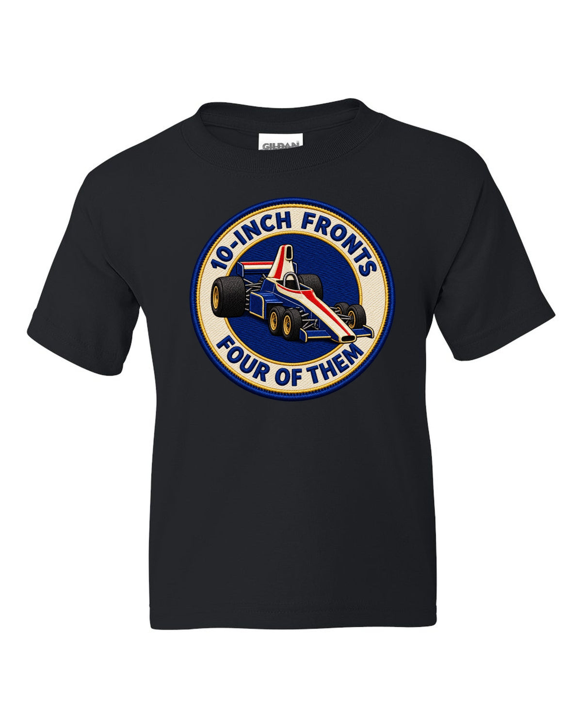 Varsity crest print of the Tyrrell P34 with 10-inch fronts, four of them lettering black kids tee front view with the design