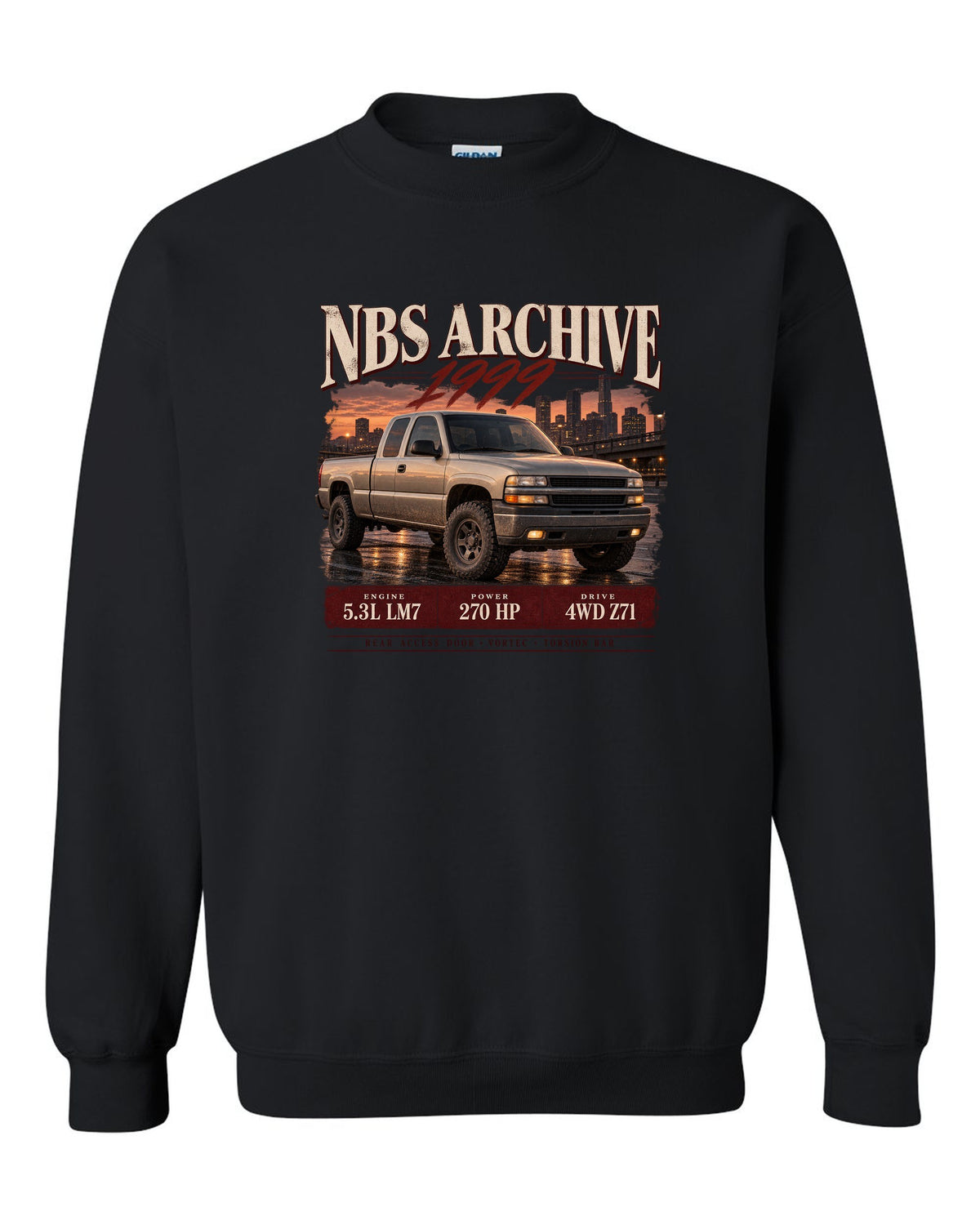 1999 Chevy Silverado NBS archive panel print black crewneck front view with the design