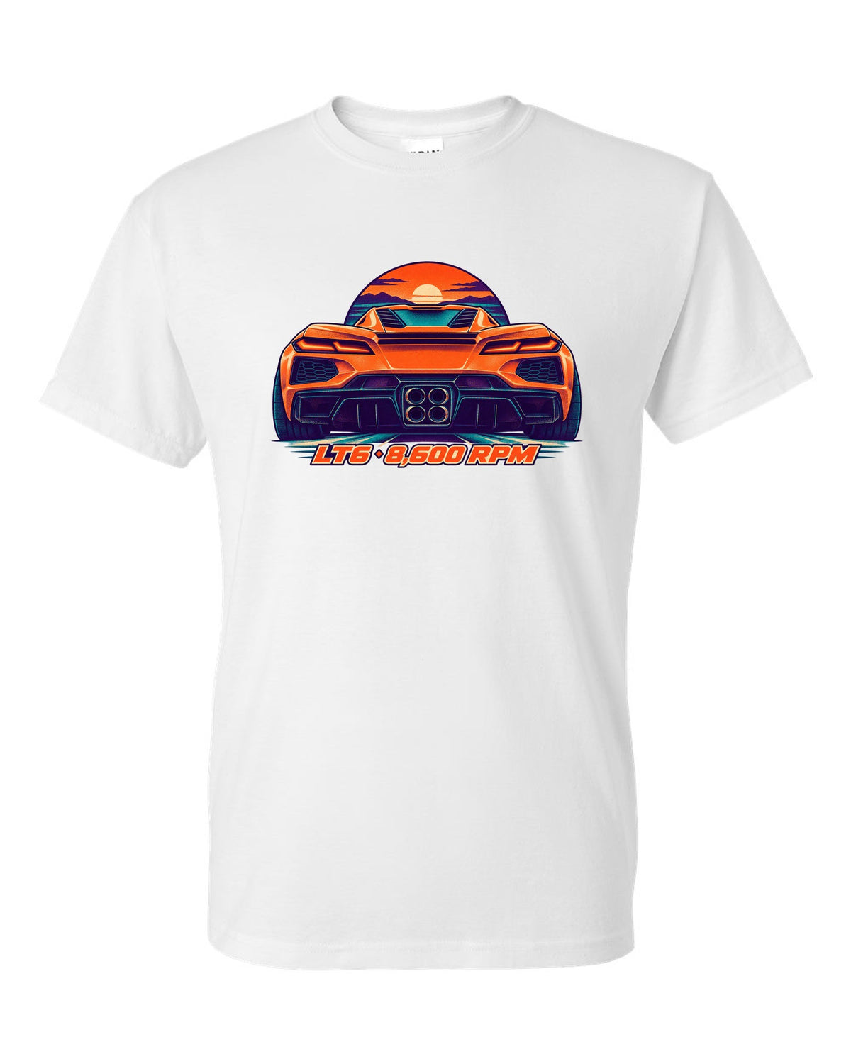 Risograph-style print of a Chevrolet Corvette C8 Z06 with quad exhaust tips and LT6 8,600 RPM lettering white t-shirt front view with the design