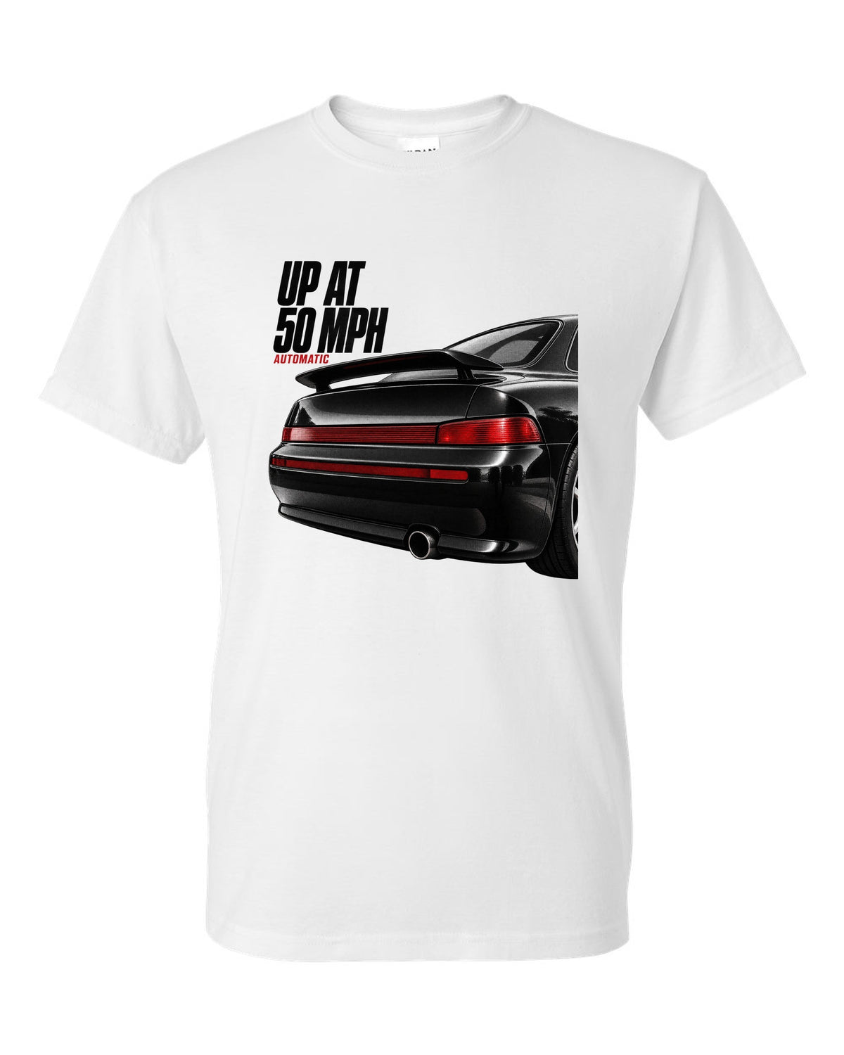 Detail macro print of the Porsche 911 Carrera 2 (964) rear spoiler with the caption Up At 50 MPH white t-shirt front view with the design
