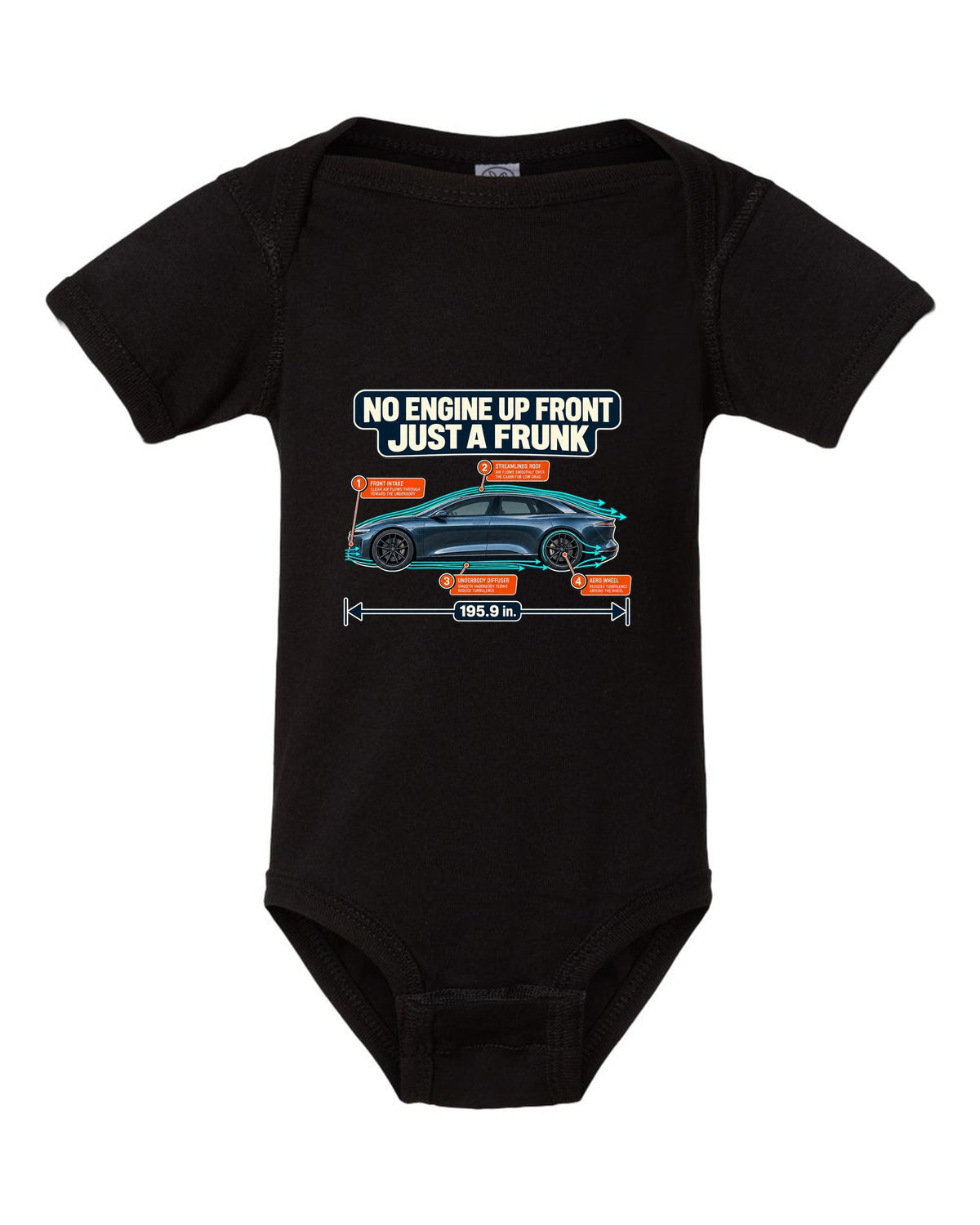 Aero cutaway callout print of a Lucid Air Sapphire showing the front trunk black baby onesie front view with the design