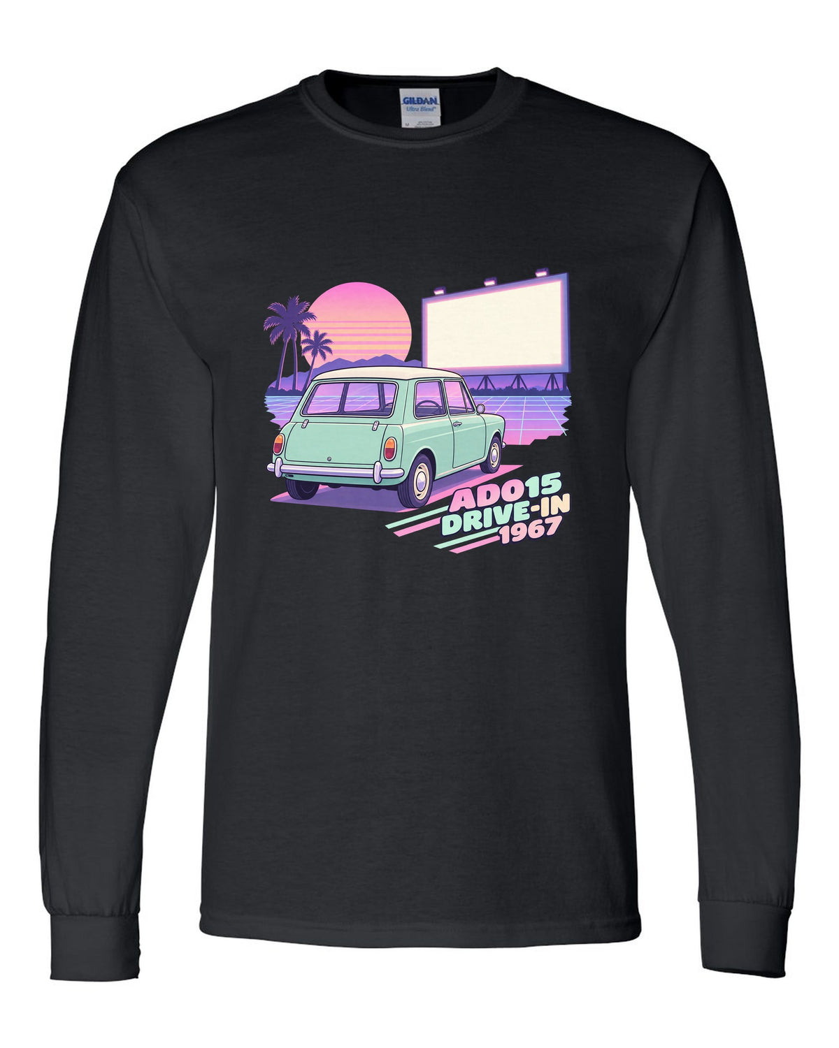 Pastel vaporwave drive-in scene with a 1967 classic Mini Cooper ADO15 black long sleeve front view with the design