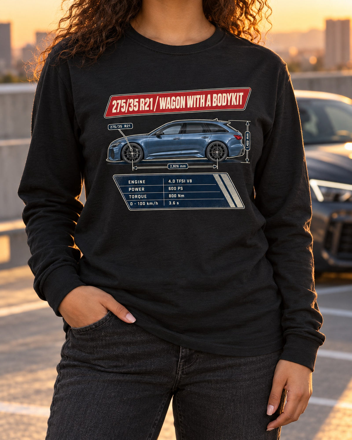 Audi RS6 Avant C8 Spec Poster Shirt, 275/35 R21 Wagon Tee Long Sleeve Black worn hero