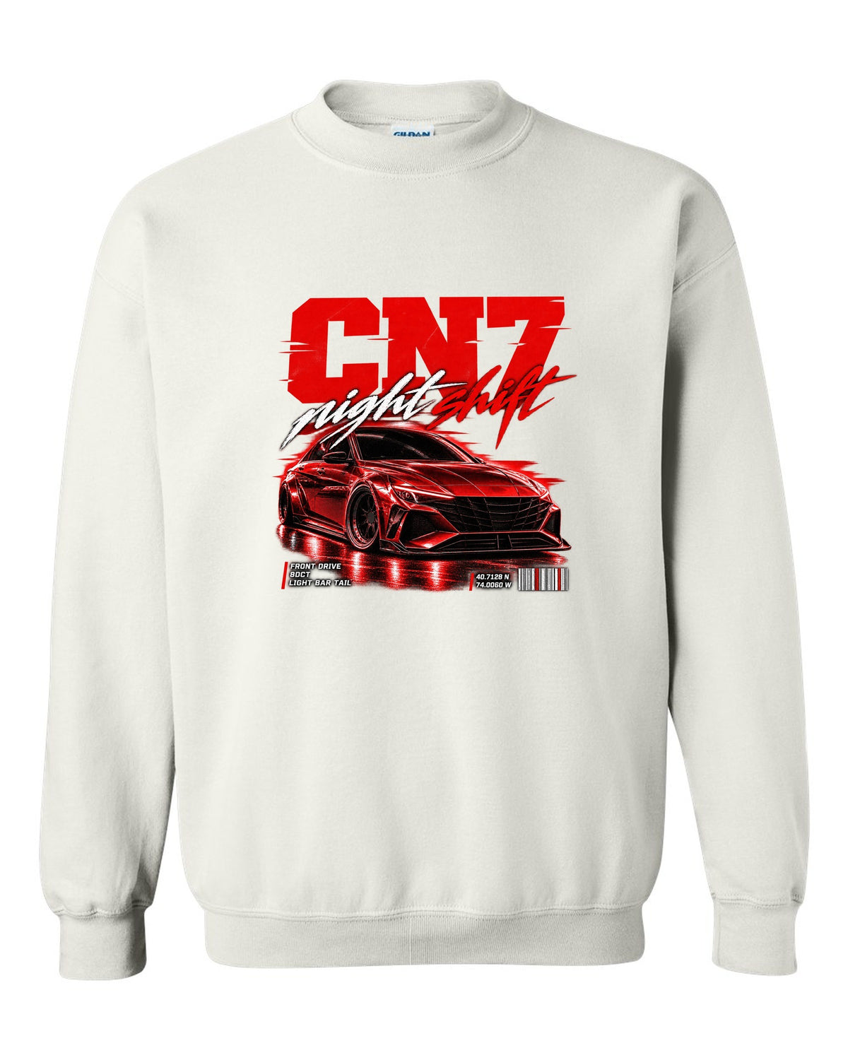 Hyundai Elantra N CN7 street poster print with night shift text and coordinates white crewneck front view with the design