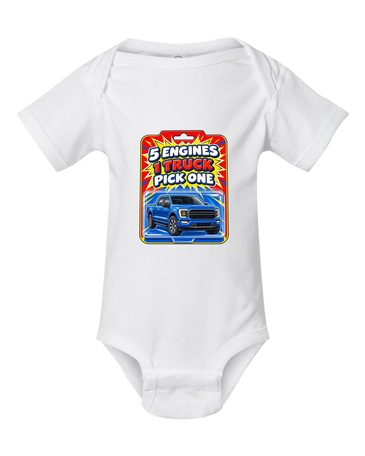 Toy card style print of a 2021 Ford F-150 P702 with five engines one truck text white baby onesie front view with the design