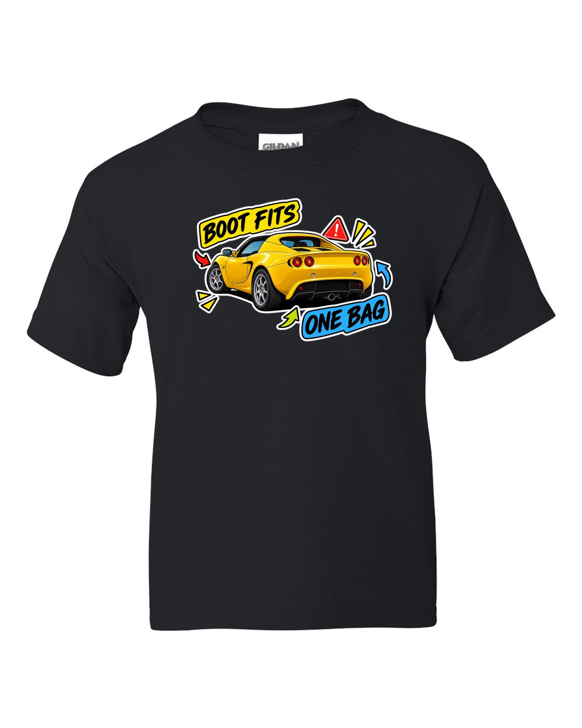 Lotus Elise S2 sticker bomb collage with BOOT FITS ONE BAG lettering black kids tee front view with the design