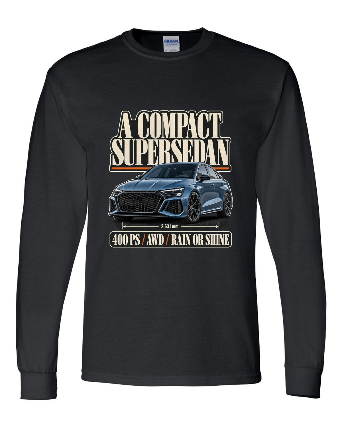 Editorial headline layout for the Audi RS3 8Y sedan, steel blue black long sleeve front view with the design