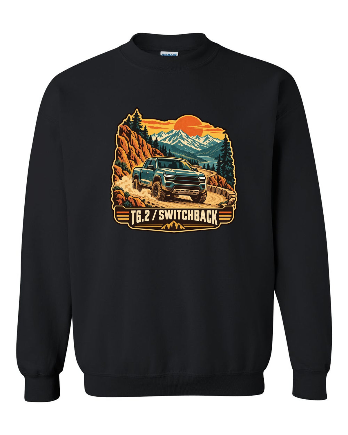 Vintage travel poster print of a 2022-present Ford Ranger T6.2 P703 on a switchback road black crewneck front view with the design