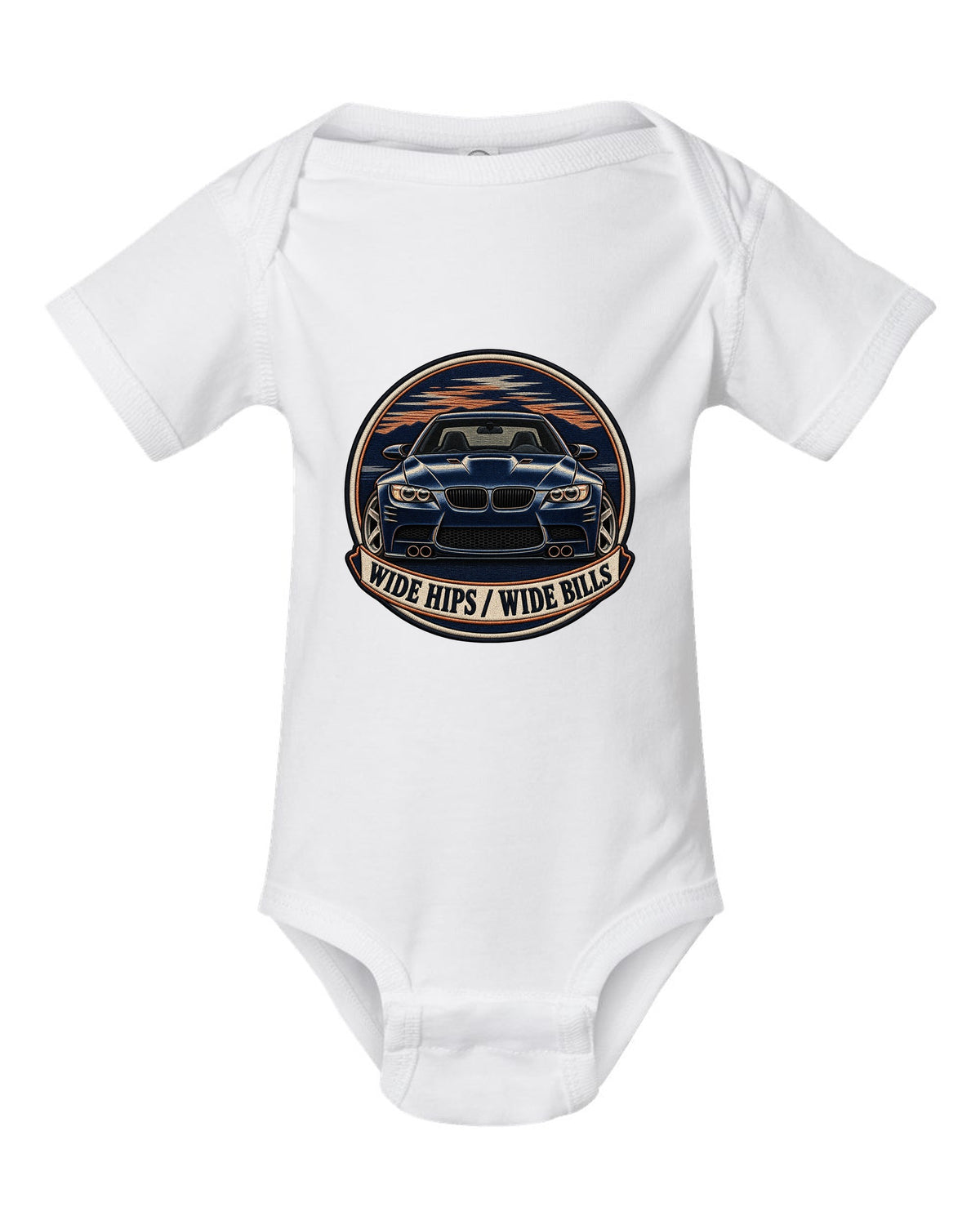 Varsity crest style print of a BMW E92 M3 coupe with wide hips wide bills text white baby onesie front view with the design