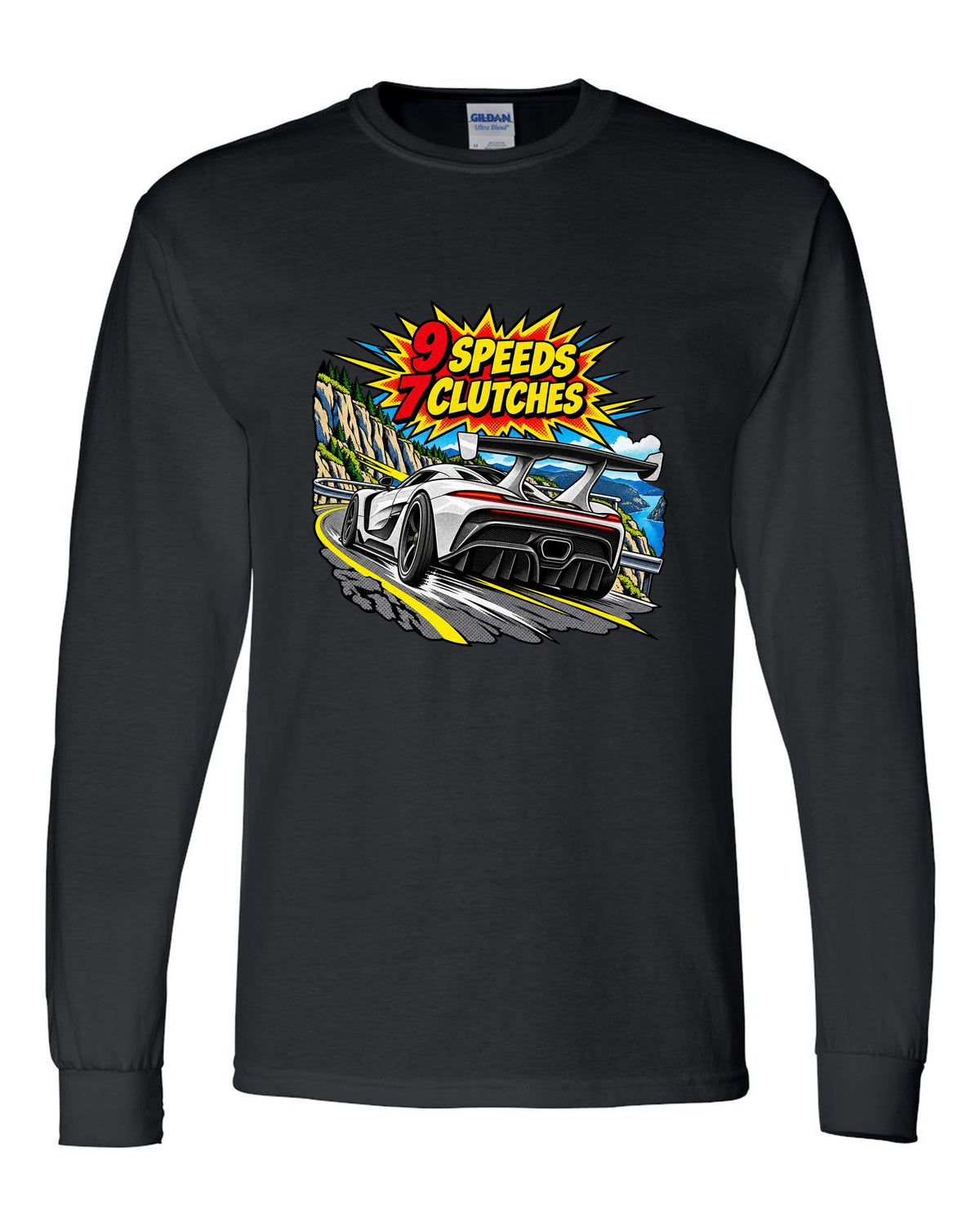 Comic halftone pop art print of a Koenigsegg Jesko with 9 speeds and 7 clutches lettering black long sleeve front view with the design