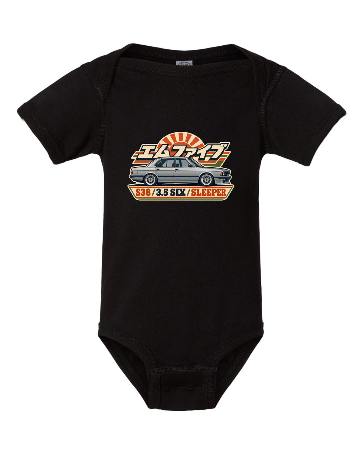 Vintage alpine pass race poster print of a BMW M5 E60 with rod bearing fund text black baby onesie front view with the design
