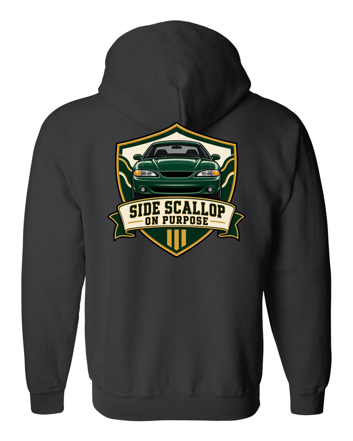 SN95 Mustang 1994-98 Varsity Crest black zip hoodie back view with the design