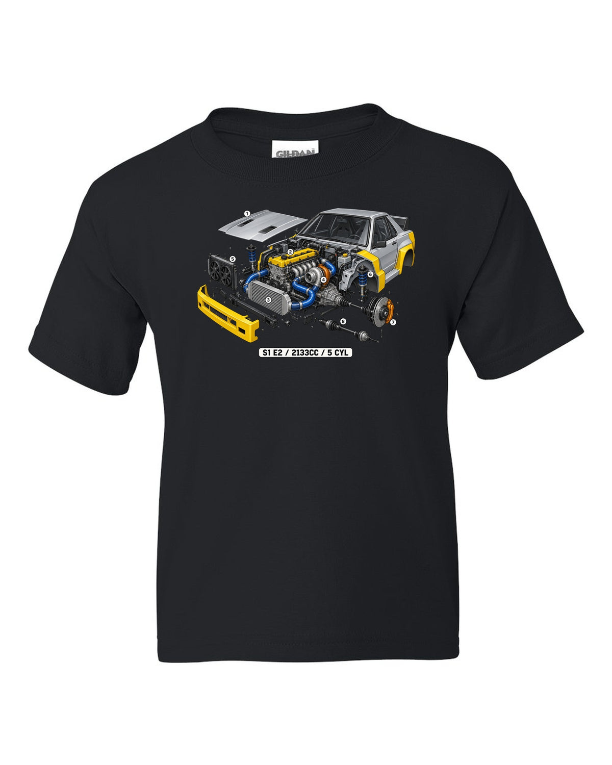 Isometric cutaway of the Audi S1 E2 five-cylinder engine, 2133cc black kids tee front view with the design