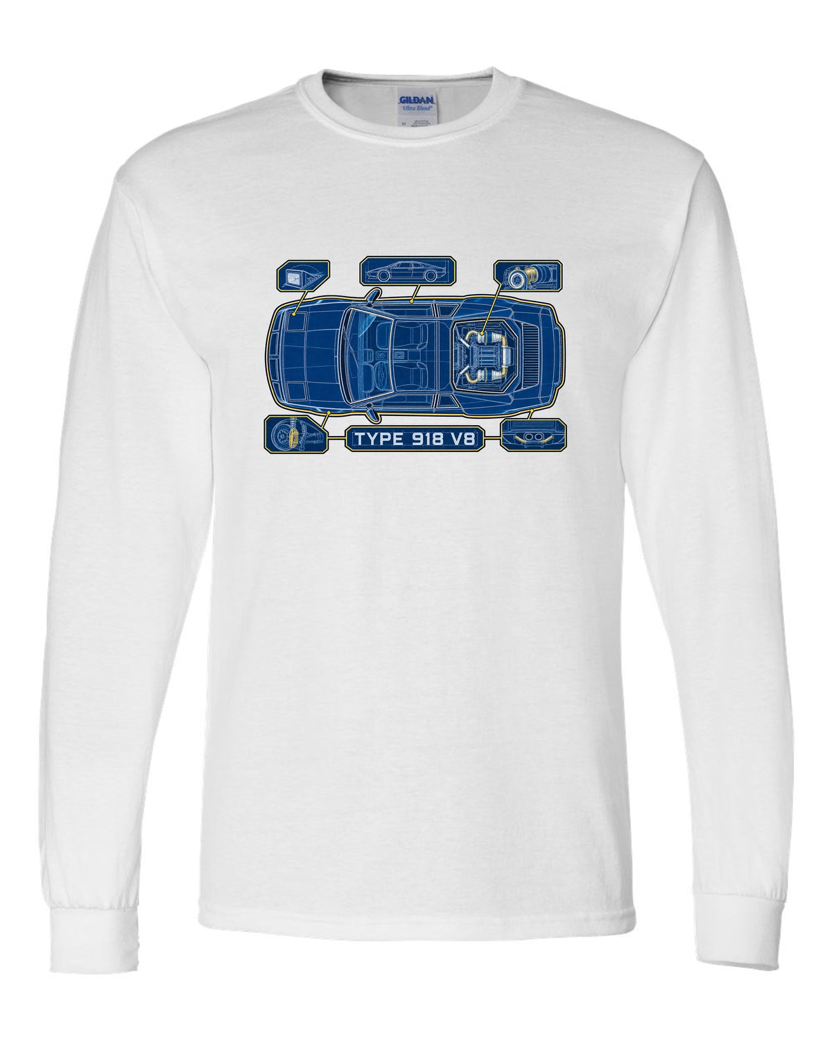 Lotus Esprit V8 cyanotype blueprint with TYPE 918 V8 lettering white long sleeve front view with the design