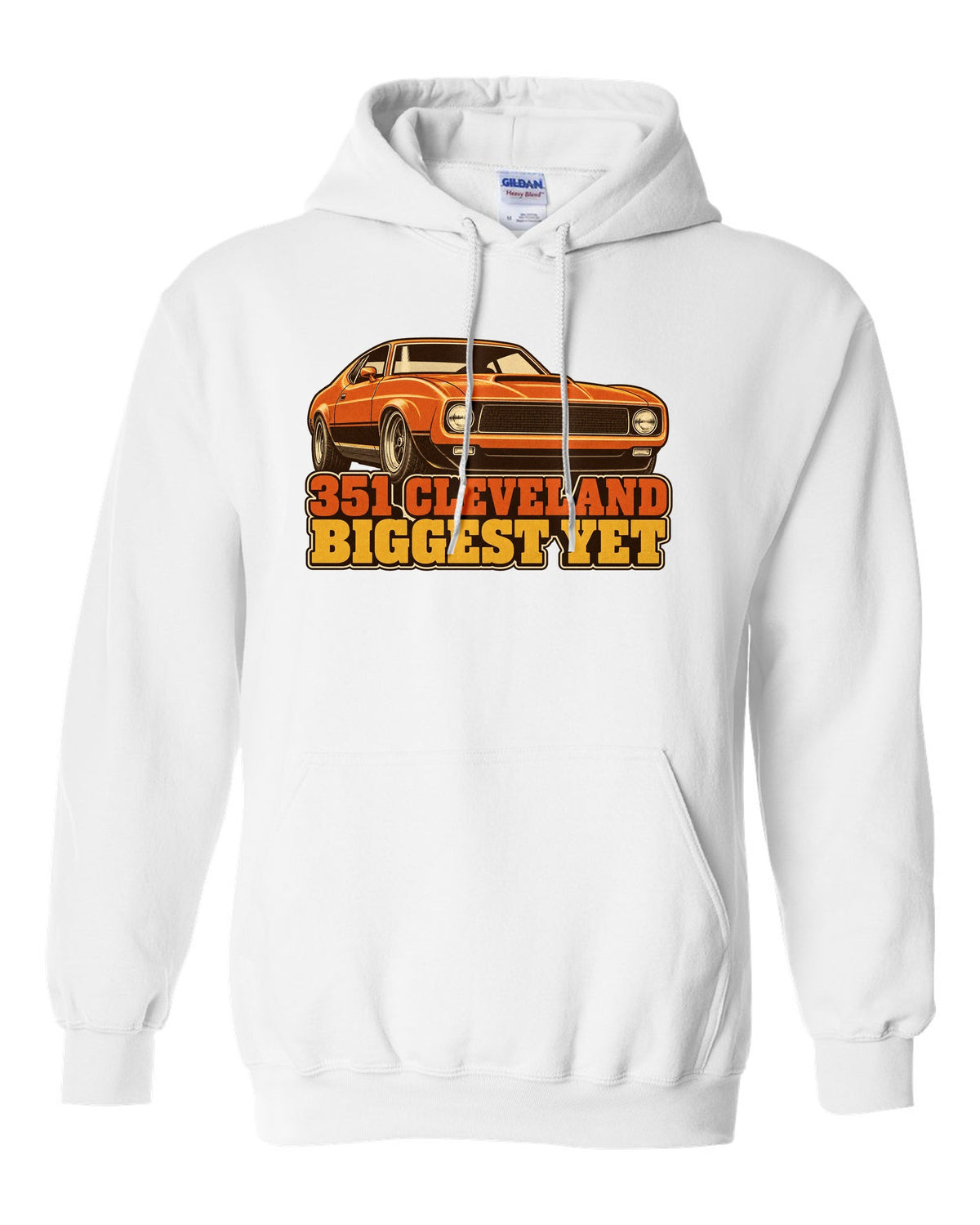 Vintage 70s race poster print of a 1971 Ford Mustang fastback with 351 Cleveland text white pull over hoodie front view with the design