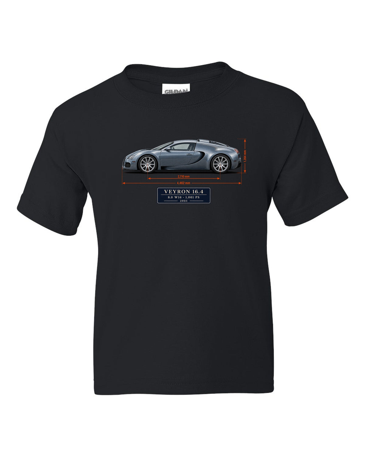 Bugatti Veyron 16.4 dimension blueprint print with size and engine specs black kids tee front view with the design