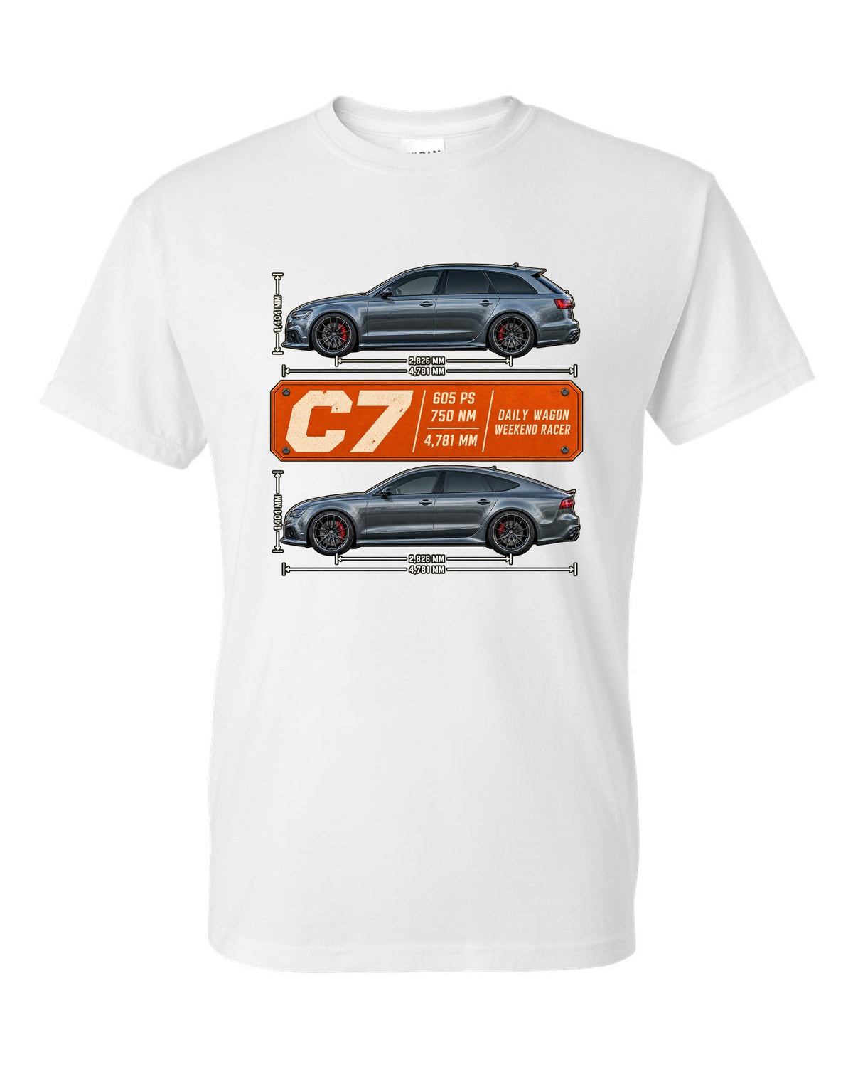Audi RS4 Avant B9 spec poster print with 450 PS and 600 Nm white t-shirt front view with the design