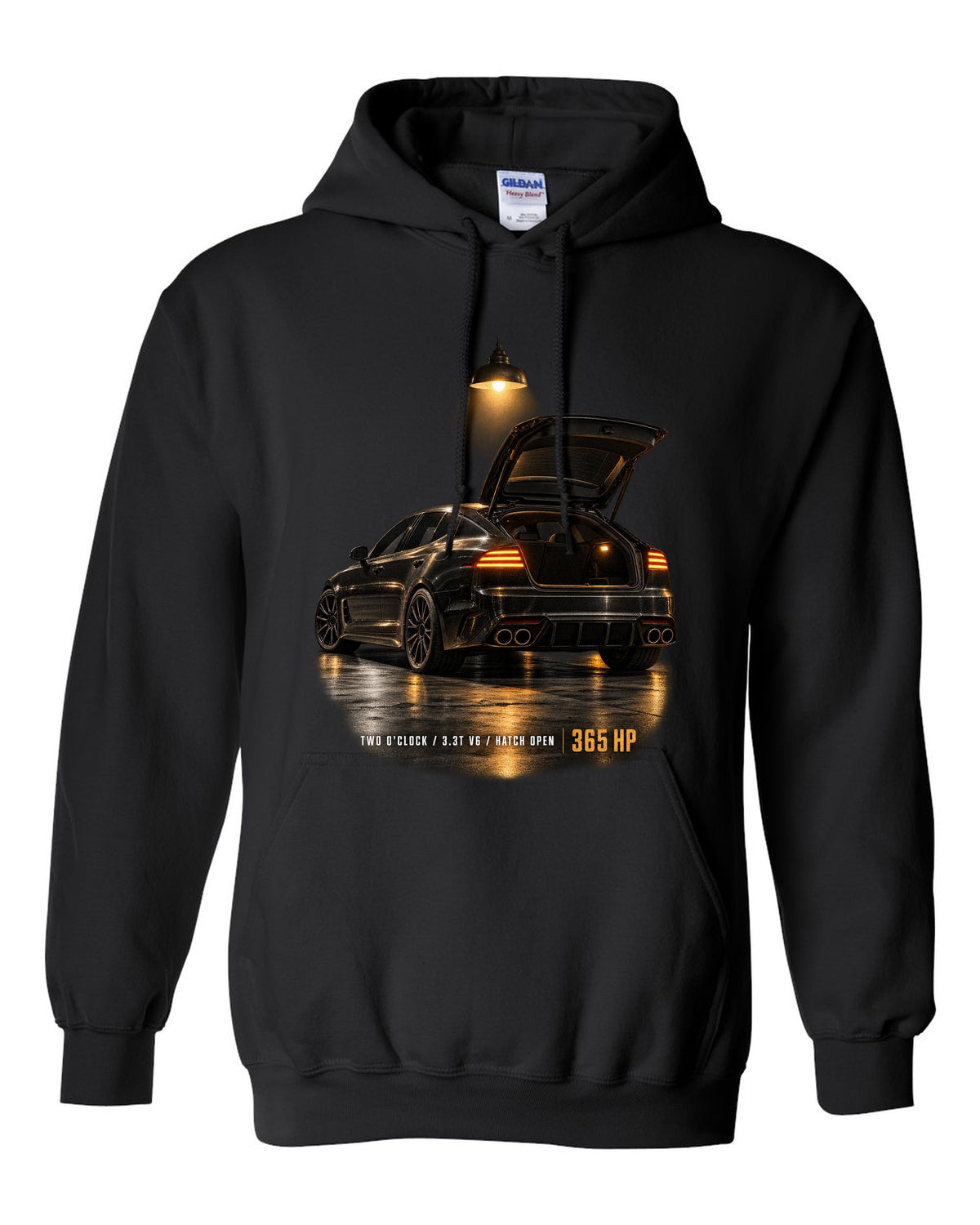 Kia Stinger GT CK garage night print with ch open and 3.3T V6 text black pull over hoodie front view with the design