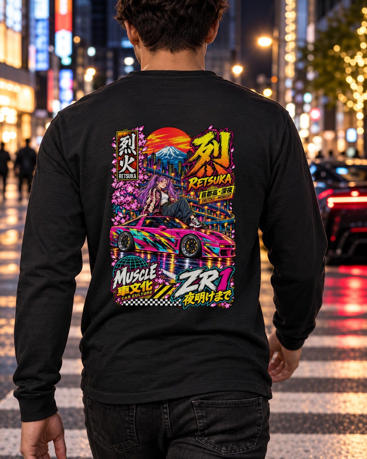 RETSUKA ZR1 Anime Girl Full-Back Graphic Tee Long Sleeve Black worn hero