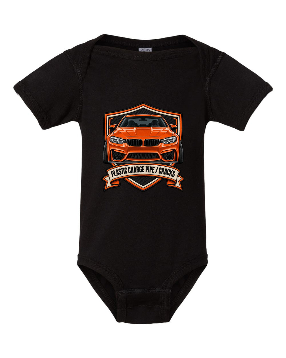 BMW F80 M3 varsity crest print with charge pipe joke text black baby onesie front view with the design