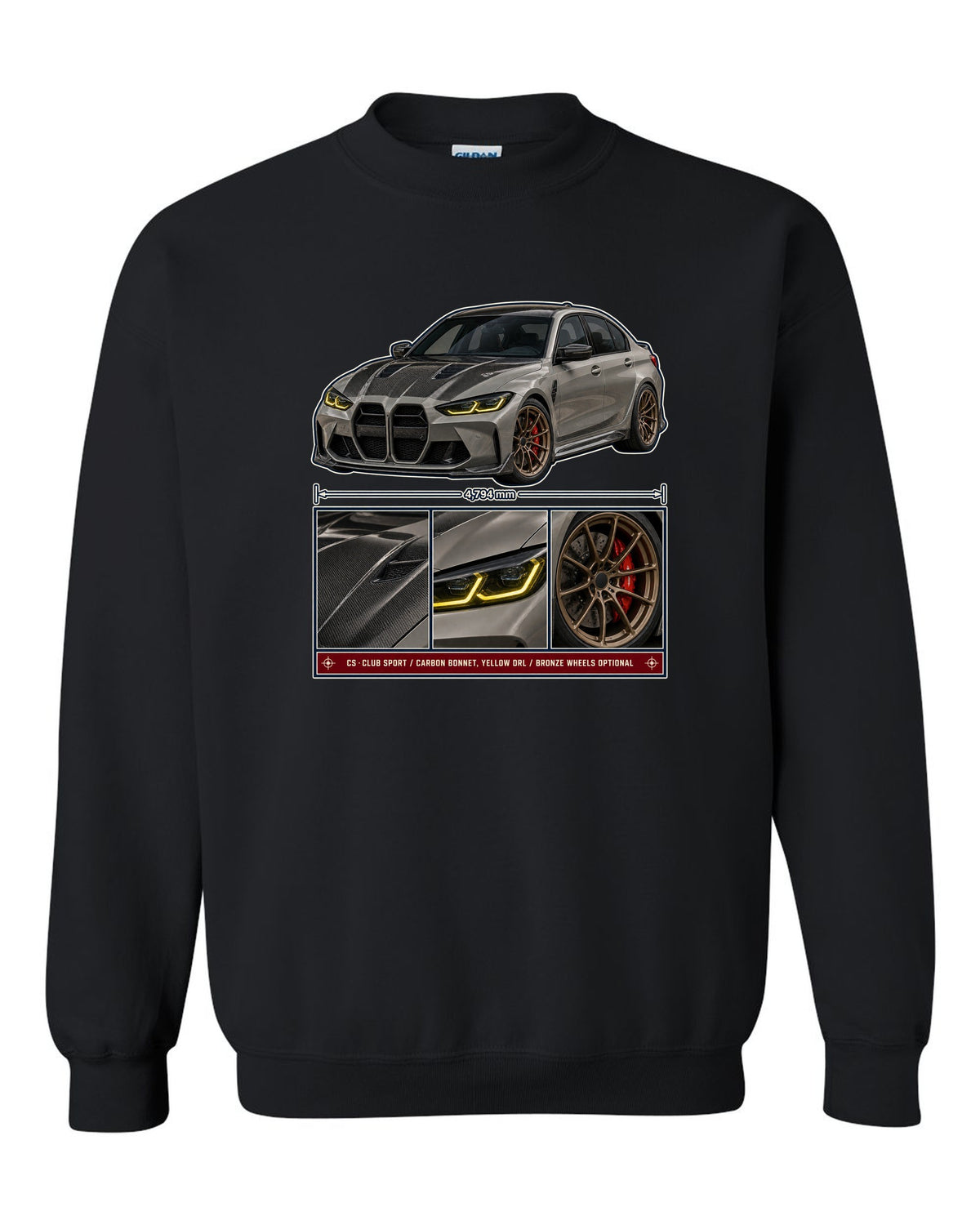 BMW M3 CS G80 dossier panels print design black crewneck front view with the design