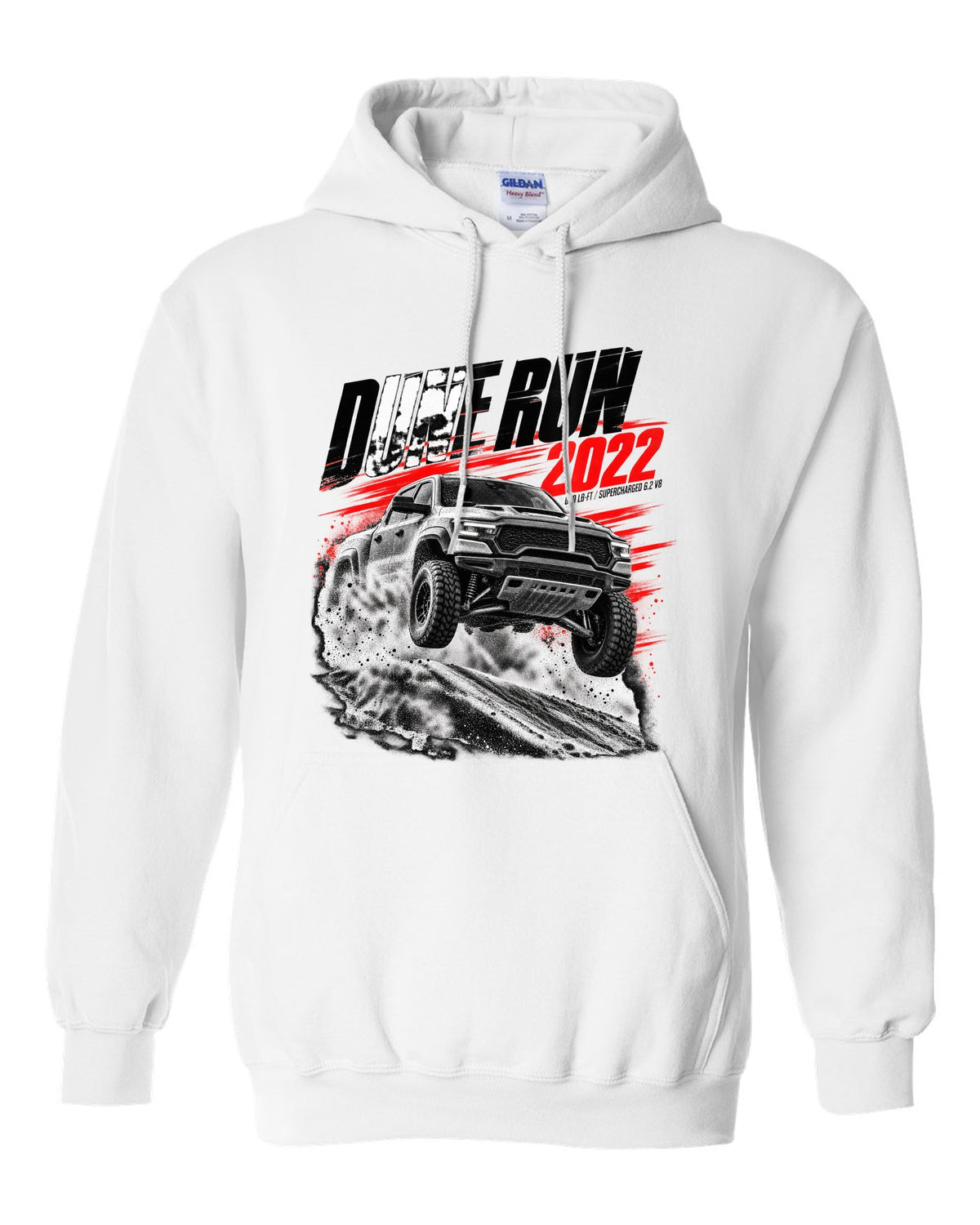 Race poster of a 2022 Ram 1500 TRX jumping a dune with the text Dune Run 2022, 650 lb-ft white pull over hoodie front view with the design