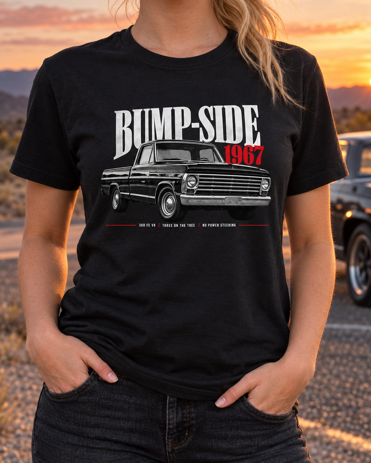 Ford F-Series Bump-Side 1967 360 FE V8 Editorial Graphic Tee T-Shirt Black worn hero