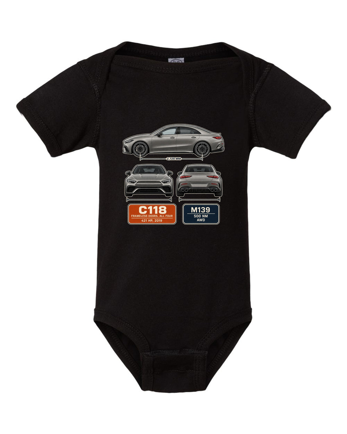 Mercedes-AMG CLA 45 S C118 four-door coupe three-view spec print black baby onesie front view with the design