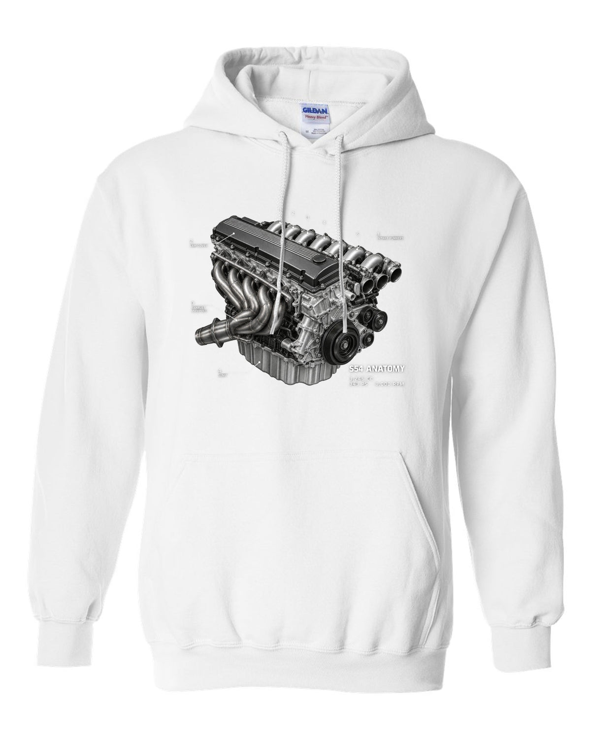 BMW E46 M3 S54 engine anatomy print with 3,246 cc 343 PS and 8,000 rpm text white pull over hoodie front view with the design