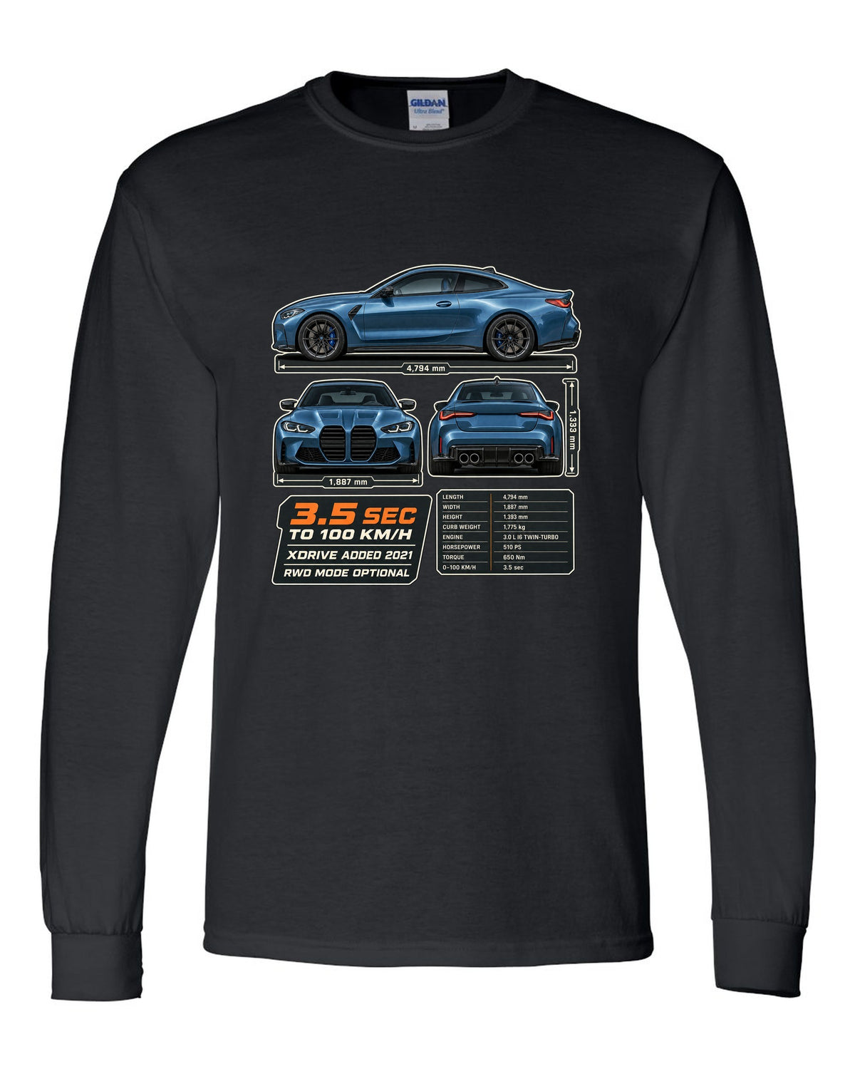 BMW M4 Competition xDrive G82 three-view drawing with spec table print black long sleeve front view with the design
