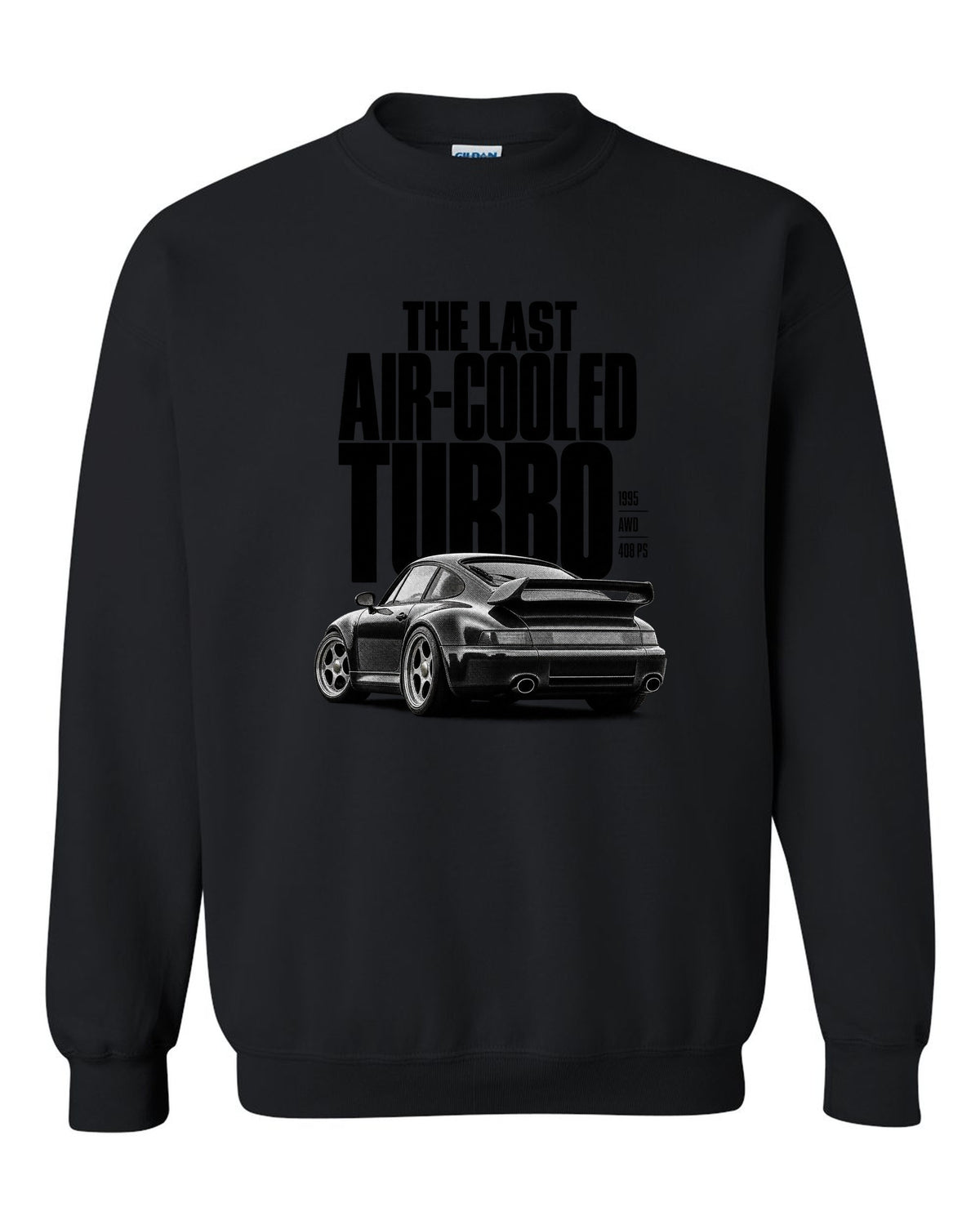 Halftone print of the Porsche 911 Turbo (993) with the line The Last Air-Cooled Turbo black crewneck front view with the design