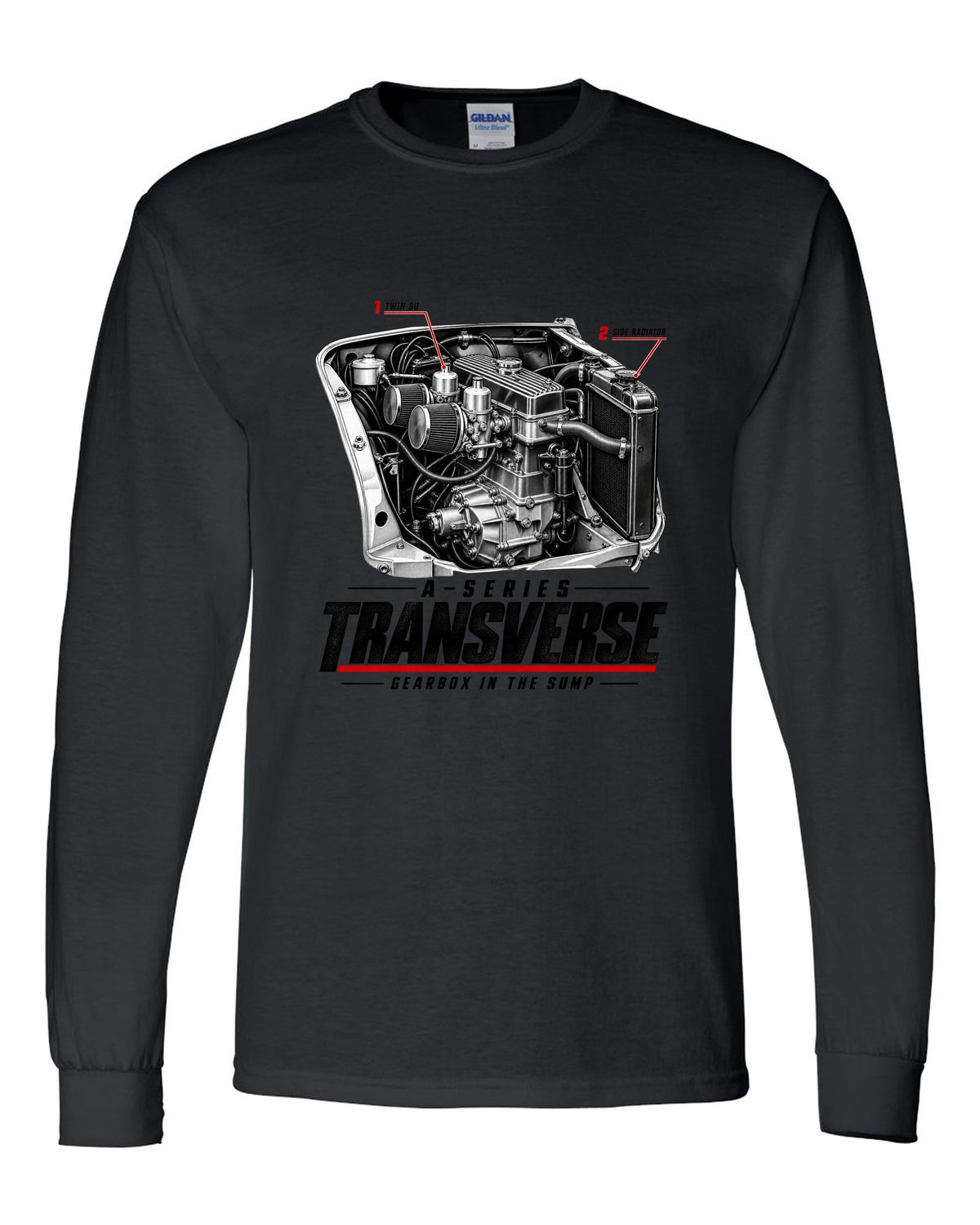 print of a Classic Mini Cooper S 1275 engine bay with the transverse A-series engine black long sleeve front view with the design