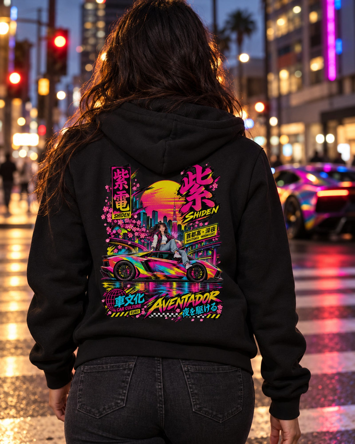 SHIDEN AVENTADOR Anime Girl Full-Back Graphic Tee Zip Hoodie Black worn hero