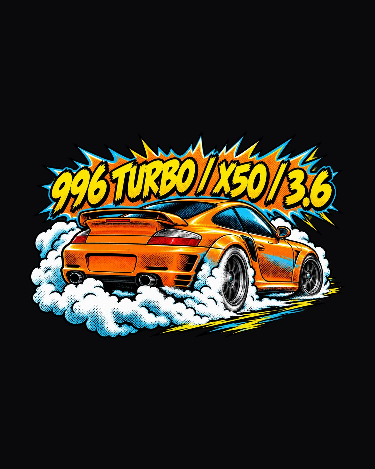 Porsche 996 Turbo X50 Comic Halftone Burnout Shirt, 3.6 design only