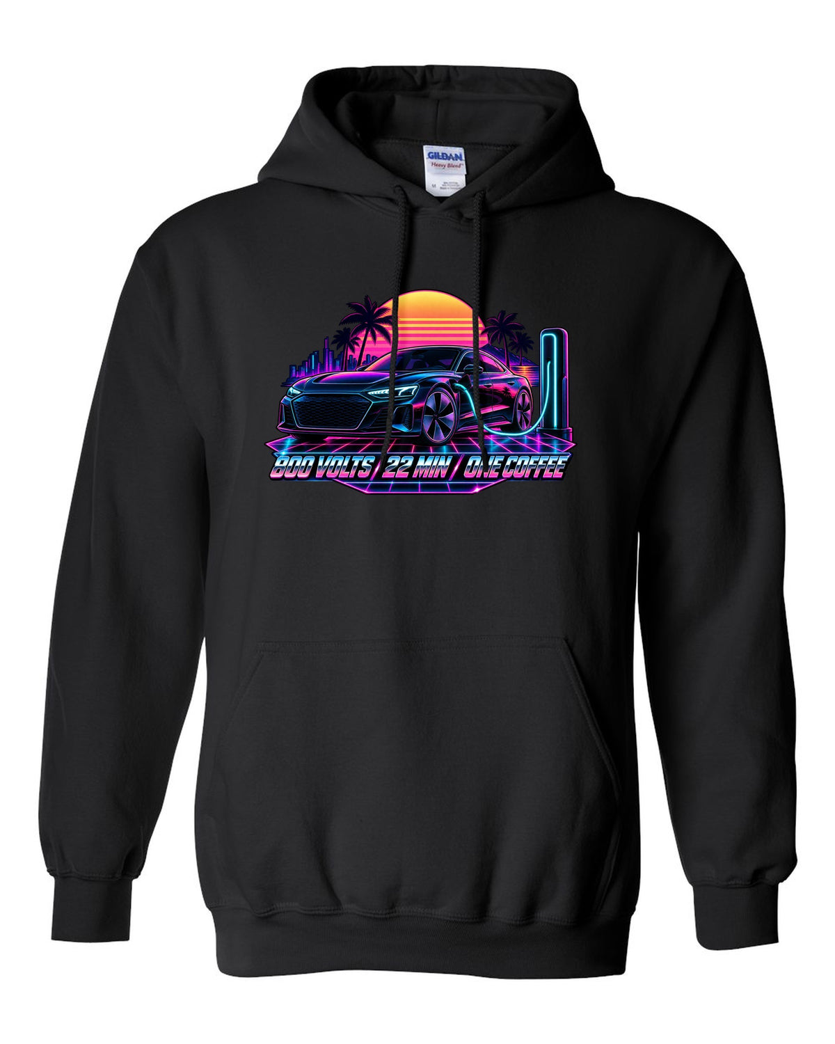 Synthwave print of an Audi e-tron GT at dusk with charging time text black pull over hoodie front view with the design