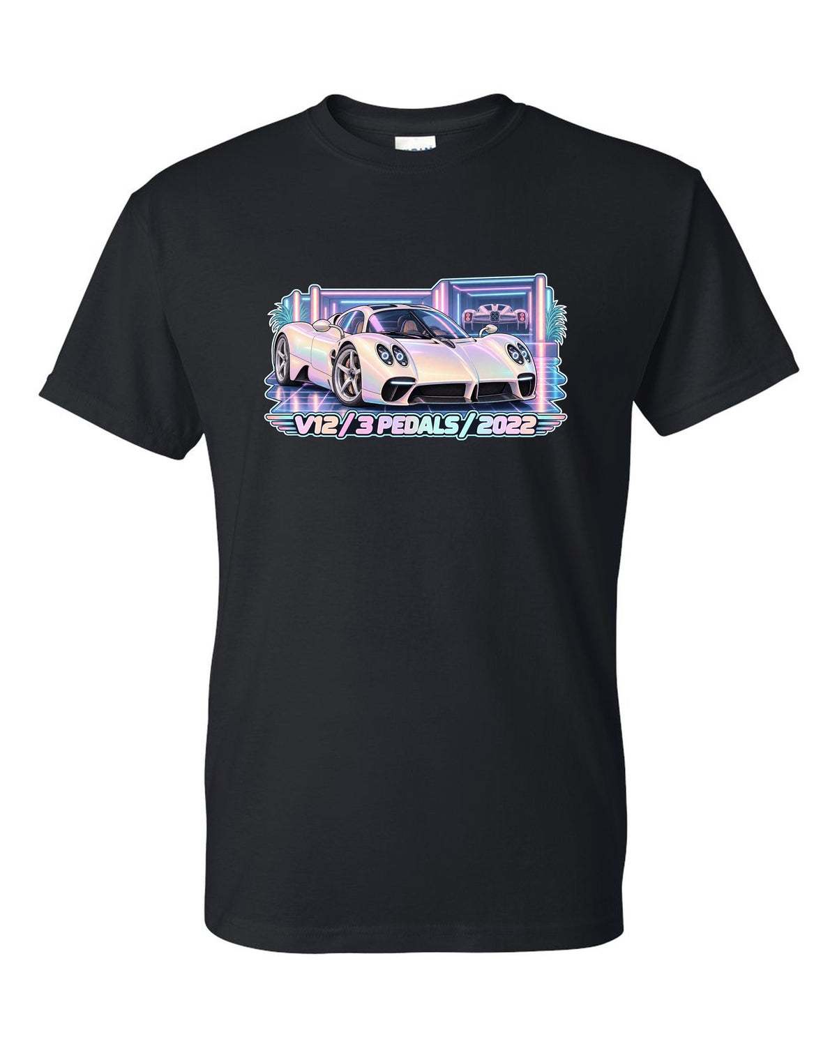 Pastel vaporwave garage illustration of a Pagani Utopia with V12 3 PEDALS 2022 lettering black t-shirt front view with the design